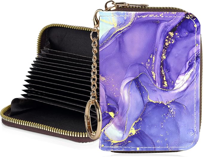 Credit Card Holder for Women,Small Rfid Wallet with Keychain Zipper,Cute PU Leather Card Case Wallet，Accordion Credit Card Wallets Gift,Purple Marble C