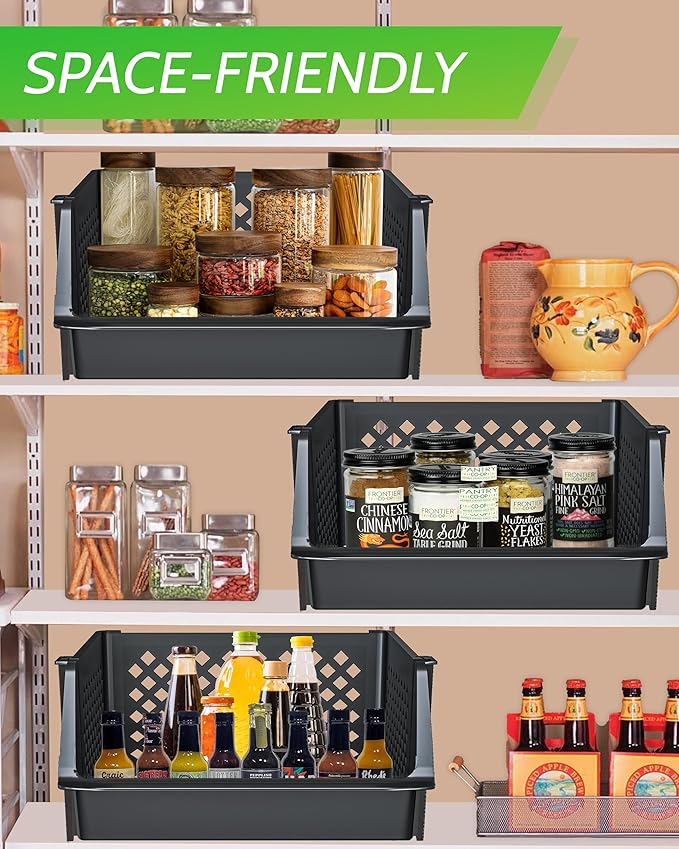 Skywin TidyFriend Plastic Stackable Bins for Pantry, 4 Pack Large Stacking Bins Open Front Kitchen, and Bathroom Organization, Open Front Design (Black)