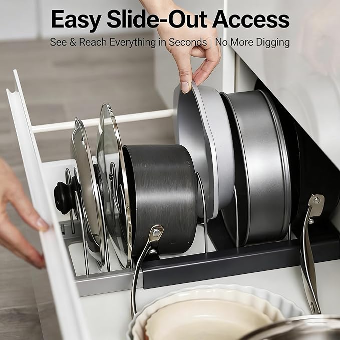 Pan Lid Organizer Inside Cabinet Expandable 12-22 Inch Kitchen Organizer Rack with 7 Dividers For Pot lid, cookware, baking pans and cutting boards