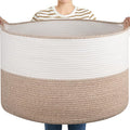 OIASKET XXL Large Blanket Basket with Handles, 105L Woven Storage Basket for Living Room, Cotton Rope Baby Toy Storage for Clothes, Pillows, Towels-Brown & White