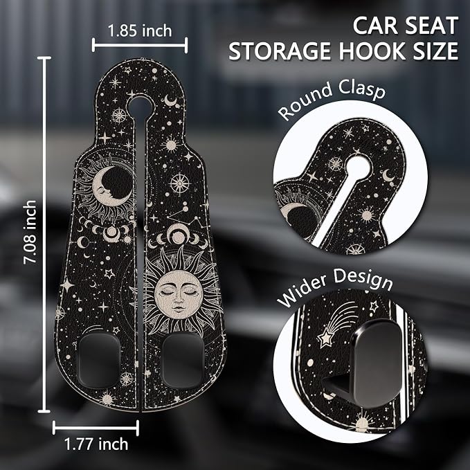 Blusabaca 2PCS Car Seat Headrest Hooks, Purses Bags Holder, Sun and Moon | PU Leather, Double Metal Back Storage Hangers for Grocery Bags Handbags Bottles Coats Phones, Car Accessories Organization