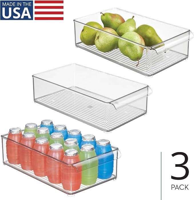 iDesign Large Stackable Fridge or Freezer Bin, Clear, Set of 3 | Front Handle, Made in USA