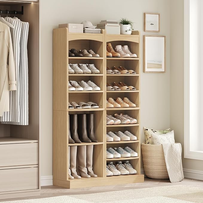 YATINEY 9-Tier Tall Shoe Rack, Wooden Shoe Storage Organizer, Narrow Shoe Cabinet with Removable Shelves for Small Spaces, Holds 18 Pairs of Shoes, for Entrance, Hallway, Natural SS22NL