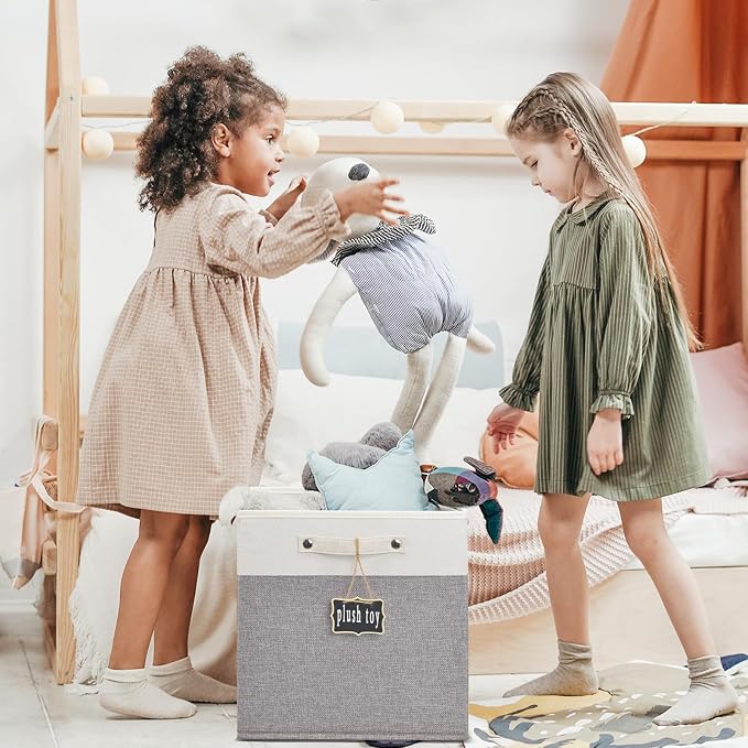 13x13x13 Storage Cube Bins 4 Pack,Collapsible Fabric Storage Cubes with Labels,Linen Cube Storage Organizer Bins with Cotton Handles,Square Storage Cubes for Home,Office,Clothes,Cabinet(White Grey).