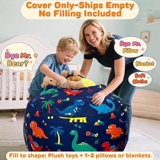 Lukeight Dinosaur Stuffed Animals Storage Bean Bag Chair Cover Only (Ships Empty, No Filling) - Velvet YKK Zipper Beanbag Cover for Teens Adults, Washable Plush Toy Organizer, XXX-Large 42" D x 23" H