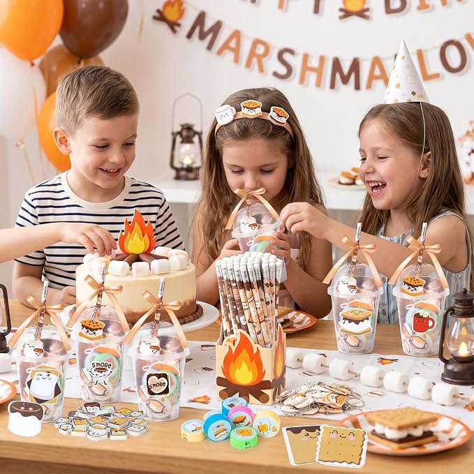 CJiangpo 196Pcs Marshmallow Party Favors Stationery Gift Classroom Prizes | Drink Cup with Lids Bulk, Pencil Sharpener Eraser Sticky Notes Pads Stickers Keychain, Camping Birthday Party Favors Rewards