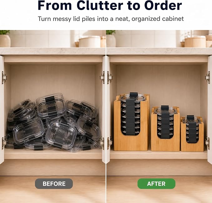 Bamboo Lid Organizer Rack for Rubbermaid Brilliance | 3-piece stackable lid holder, holds 24 lids, fits 4.7/3.2/1.3/0.5 cup, premium warp-resistant bamboo, no assembly needed