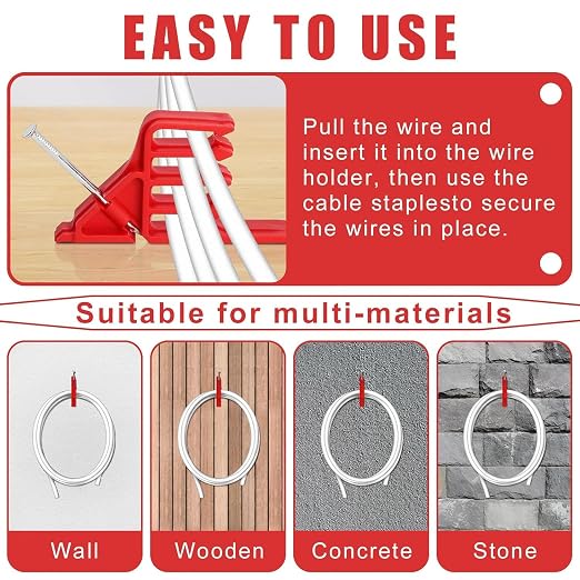 Multi Cable Staples 100 Pack Compatible with Romex Clips, Red Wire Stackers | Insulated Cord Electrical Cable Clip Stackers with Steel Nails for Organizing Multiple Coaxial and Data Wires on Wood Framing