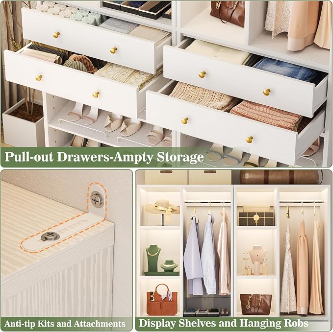 Besiost Closet System, 84"/7 FT Closet Organizer System with Drawers and Shelves, Walk-in Closets Systems, Free Standing Reach in Closet Tower, Load 1800+LBS, White 3 Pack