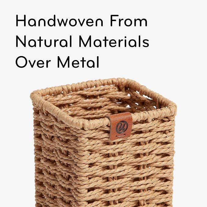 U Brands Woven Pencil Cup, Rattan-Inspired Wicker Style Office Organization Supplies, Natural Wood, 1 Count