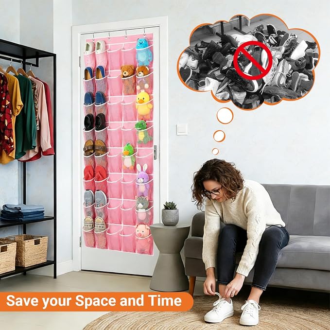 40-Pocket Over the Door Shoe Organizer - Large Mesh Pocket Hanging Shoe Organizer,Behind the Door Shoes Storage Holder Hanger (Pink-W)
