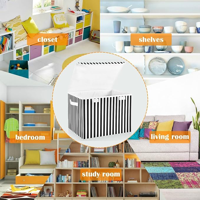 CaTaKu Black and White Striped Storage Bins with Lids Fabric Large Storage Container Cube Basket with Handle Decorative Storage Boxes for Organizing Clothes Shelves