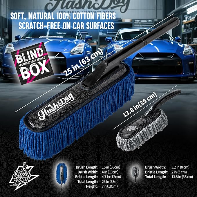 Flash Dog Wood Car Duster & Interior Brush Kit | Scratch-Free Waterless Exterior/Interior Cleaning for Car, SUV, Truck, RV | Waxed Cotton & Microfiber