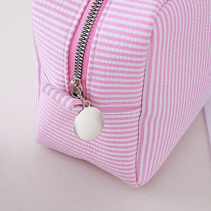 Large Capacity Striped Pencil Case Cosmetic Bag with Zipper Portable Stationery Organizer Pouch for School Students Teens Travel Toiletry Bag (Light Blue)