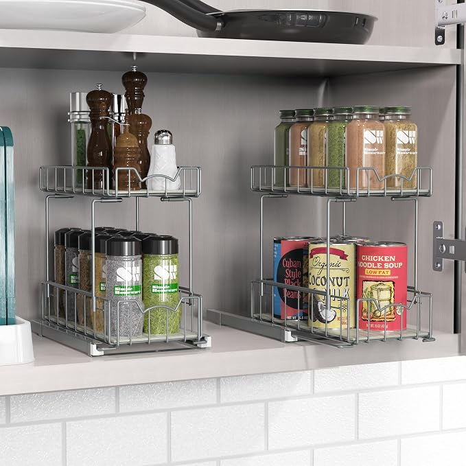 Simple Houseware 2-Tier Spice Rack Slide Out Wire Basket Drawer, Silver | 2-Tier Spice Rack Slide Out Wire Basket Drawer Organizer