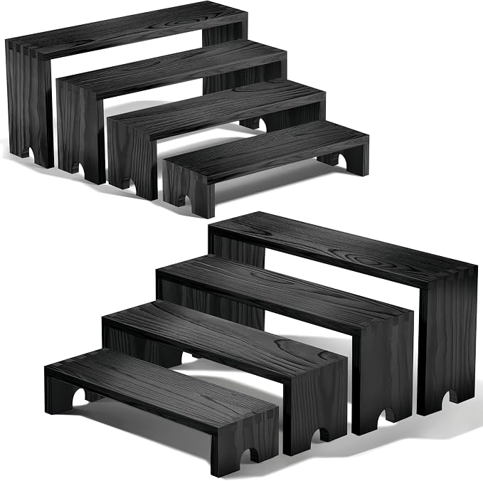 Large 2 Set wood tone Wooden Tiered Display Stands 4 Tier Stackable Pine Wood Display Risers, Suitable for Vendor Events, Cupcake Stands, cake stand Wooden Dessert Table Sets, Vendor Booth Displays,Cosmetic & Perfume Display Tools, Kitchen Spice Storag...