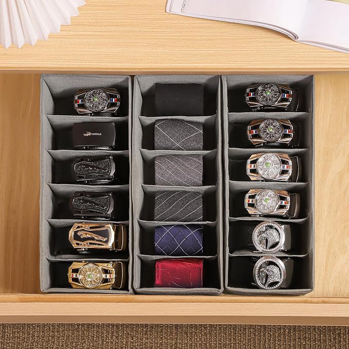 3 Packs Fabric Belt Organizer for Closet and Drawer, Foldable 6 Grids Dresser Drawer Organizers, Belt Tie Holder, Tie Box-Grey