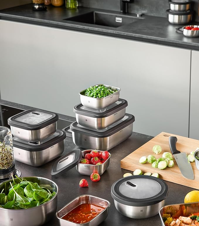 GEFU Provido Food Storage Containers with Lid, Set of 2, Stainless Steel, Round, 500 ml Volume, Microwave-Safe, Ideal as Meal Prep or Storage Box