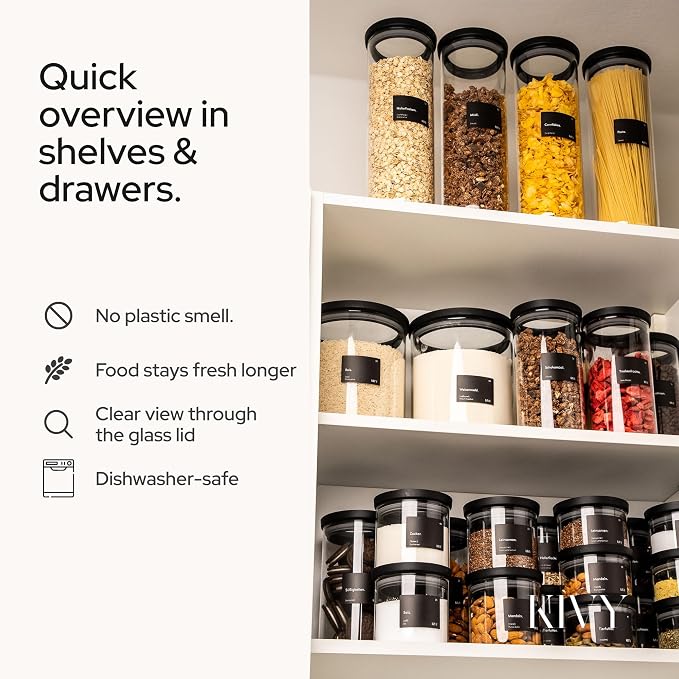 KIVY Airtight Glass Jars with Lids & Labels [3x 40oz] Stackable Glass storage jars with airtight lids - Glass Jars with airtight lid - Food Glass canisters with air tight lids - Pantry containers