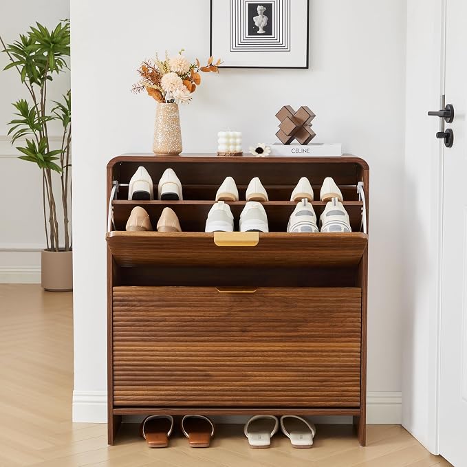 RARZOE Fluted Shoe Cabinet with 2 Flip Drawers, 29.5''Walnut | Narrow Curved Shoe Storage Cabinet, Freestanding Wood Hidden Shoe Organizer Closed Shoe Rack for Entryway Foyer, Hallway