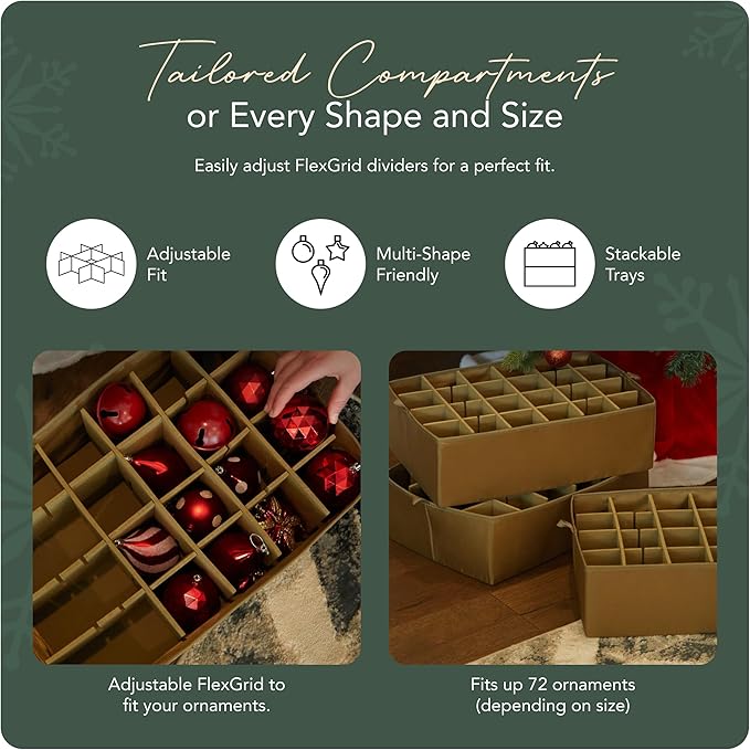 Covermates Keepsakes Adjustable Ornament Storage Bag – Heavy-Duty Polyester, Padded Dividers & FlexGrid Trays – Protective Holiday Ornament Organizer with Handles & Label Window, Green Snowflake