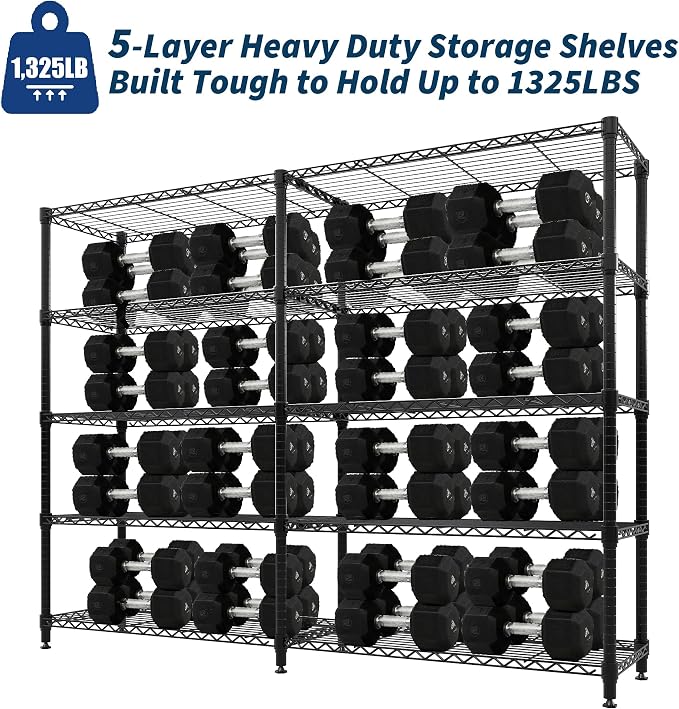71"W Metal Storage Shelves 5-Tier, Heavy Duty 1325LBS Wire Rack Shelving Unit, Adjustable Black Standing Shelves for Garage Kitchen Pantry Commercial Storage, H or L-shaped Shelf,15.7"D x 70.5"H