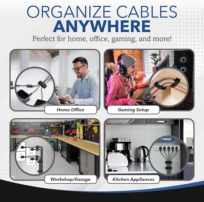 100 PCS Self Adhesive Cable Clips, Wire Organizer, Cable Management, Cord Organizer for Desk, Wall, PC, Car, Home, Office, USB, Ethernet, Power Cords, Black (Medium)
