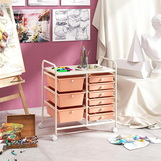 Moccha 9-Drawer Rolling Storage Cart - Under Desk Storage Drawers with wheels for Craft Art Supply Paper Salon, Scrapbook Paper Tools, Mobile Utility Cart for Classroom, Peach