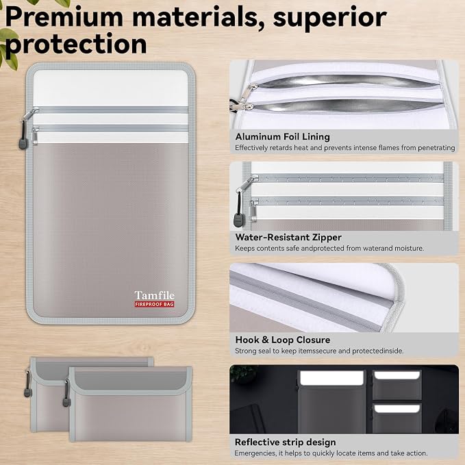 Tamfile Fireproof Document Bag with 2 Pack Fireproof Organizer Travel Bag | 5200℉, Heat-Resistant, Water-Resistant, 8 Layers Safe Money Bag, Storage for Important Documents, Cash, Valuables, Grey