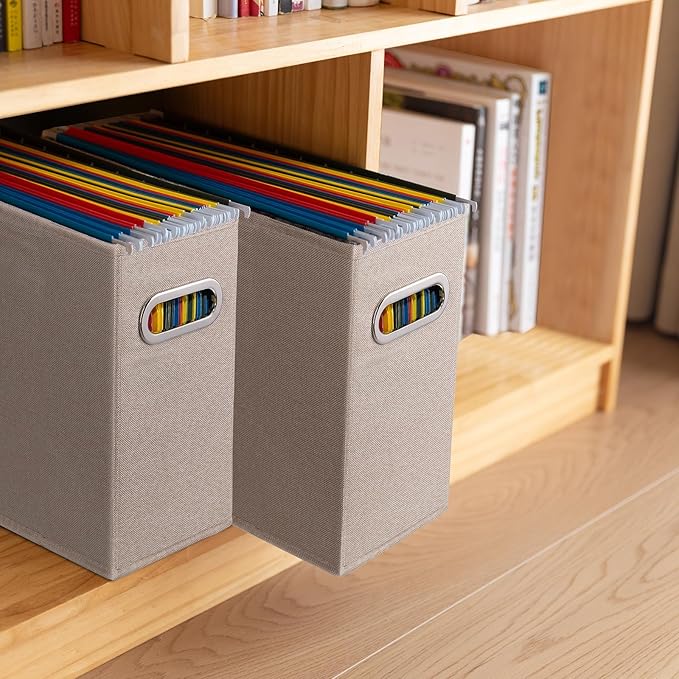 4 Pack Letter Size File Storage Box Collapsible, Fabric Hanging File Folders Organizer, Portable Office Document Holder with Metal Handle, Smooth PVC Rails, Beige