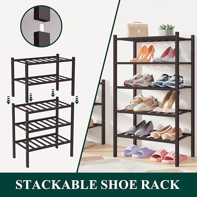 Smiry Bamboo Shoe Rack for Closet, 6 Tier Small Wooden Shoe Organizer, Stackable Wood Shoe Storage Shelf for Entryway, 14 Vertical Slats, 3+3 Stack Heavy-Duty Legs, 17.32"x11.02"x36.61", Brown