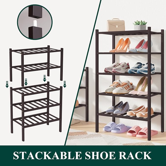 Smiry Bamboo Shoe Rack for Closet, 3 Tier Small Wooden Shoe Organizer, Stackable Wood Shoe Storage Shelf for Entryway, 14 Vertical Slats, One-piece Heavy-Duty Legs, 17.32"x11.02"x18.31", Brown