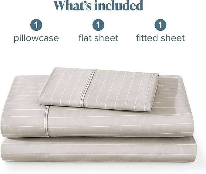 Bare Home Twin Sheet Set - Luxury 1800 Ultra- Soft Double Brushed Microfiber - Deep Pockets - Easy Fit - 3 Piece Bedding Sheet Set (Twin, Pinstripe - Stone/White)