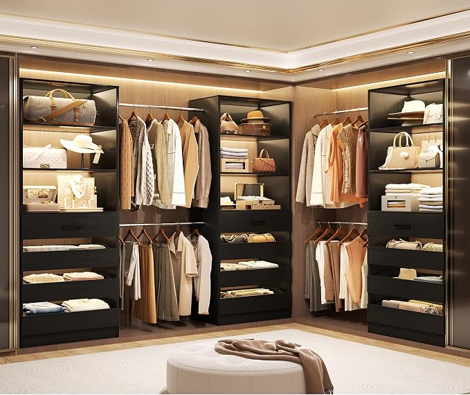 Aheaplus Closet System with 12 Drawers, 8.5-11.5Ft Wood Closet Organizer System with 4 Hanging Rods & 3 Towers, 4Ft & 6Ft L-Shaped Walk-in Closets Wardrobe Organizer Clothes Rack, Set of 3, Black