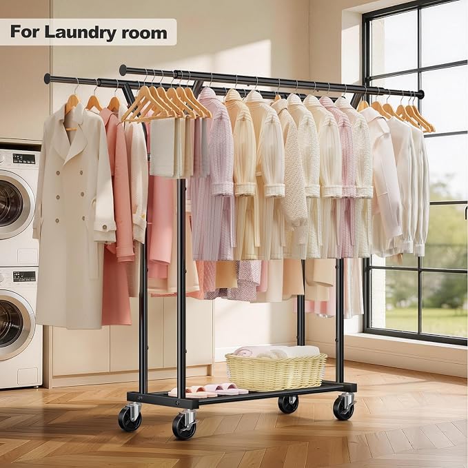 Heavy Duty Rolling Garment Rack, Double Rod Clothing Organizer, Black | Supports up to 500 lbs, extendable double hanging rod, lockable wheels, storage shelves for bedroom, laundry, and living room