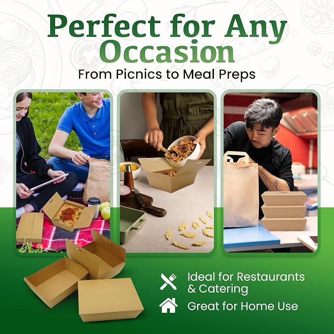 Holotap Disposable Kraft Paper To Go Containers With Lids,Microwaveable and Grease Resistant Cardboard Lunch Boxes,Meal Prep Containers Reusable for Restaurant, Kitchen,and Party (50 Pcs-65Oz)
