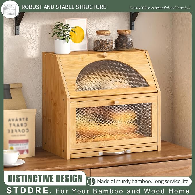 STDDRE Bamboo Bread Box with Cutting Board, Double Layer Extra Large Bread Storage Bin with Door Panel for Kitchen Counter (Natural)