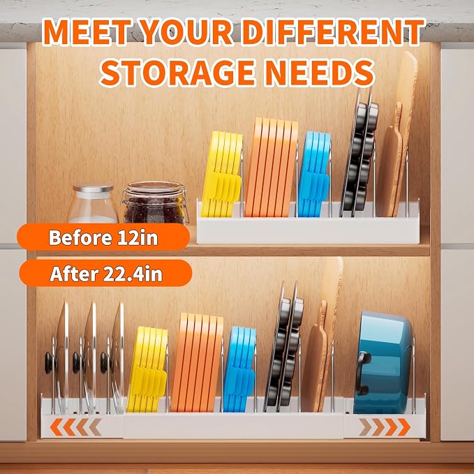 Antigo 2 Pack Expandable Pots and Pans Organizer, lid organizer | 9 Adjustable Stainless Steel Dividers，For Kitchen Countertop Cabinet and Pantry, For Food Container lid, 12.6"-22.4" Wide