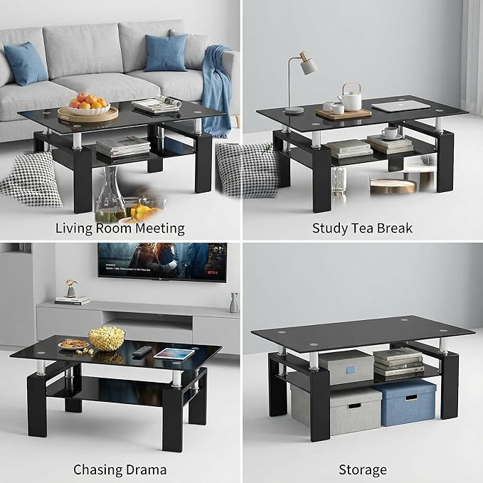 Meihua Rectangle Glass Coffee Table 2-Tier Tea Table Modern Side Coffee Table for Living Room (All Black)