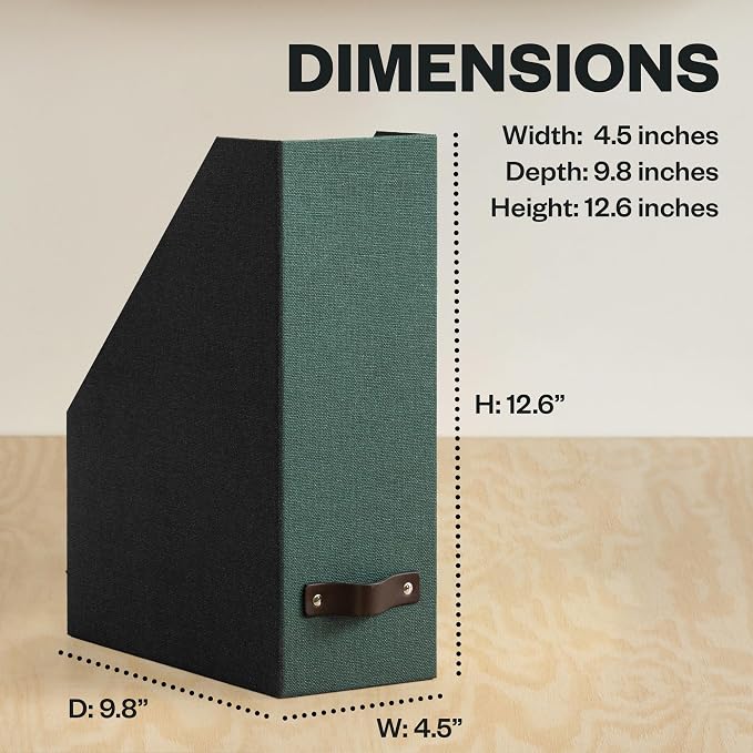 Bigso Estelle Fibreboard Magazine Holder with Leather Handle - Magazine File Holder and Organizer for Papers and Catalogs on Home or Office Desks - W4.4 x D9.8 X H12.7 (inches) - Dark Green