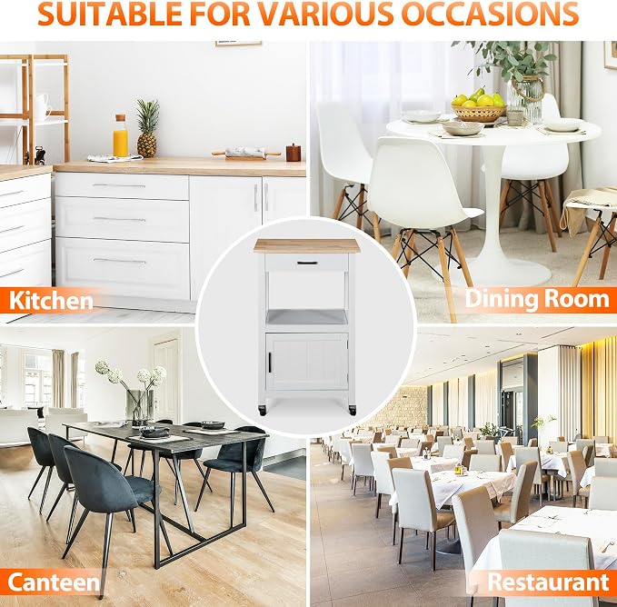 Nova Microdermabrasion Kitchen Island Cart on Wheels, Rolling Kitchen Cart with Single Door Cabinet, Mobile Small Coffee Cart Microwave Oven Cart Serving Cart for Dining Room, White