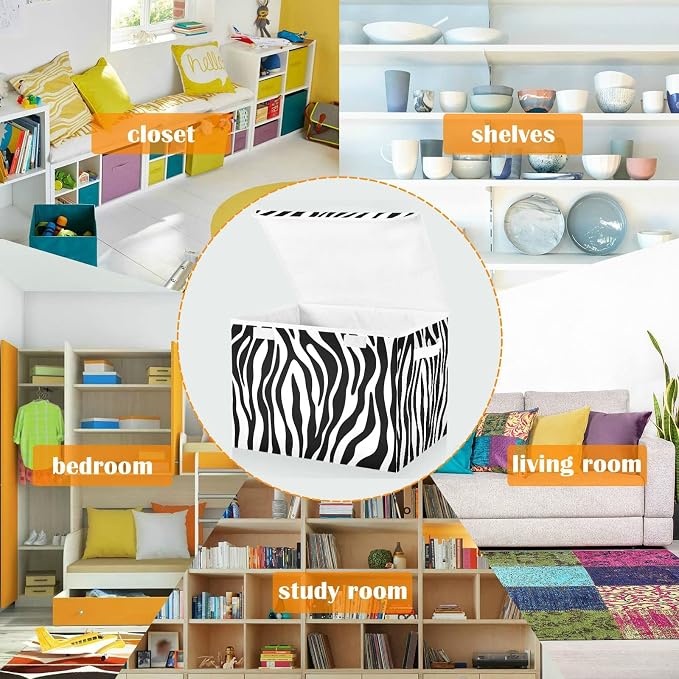CaTaKu Large Fabric Storage Bins With Lids, Black White Zebra Print Storage Boxes With Handles for Organizing Clothes, Collapsible Storage Cube Bins Baskets for Shelves