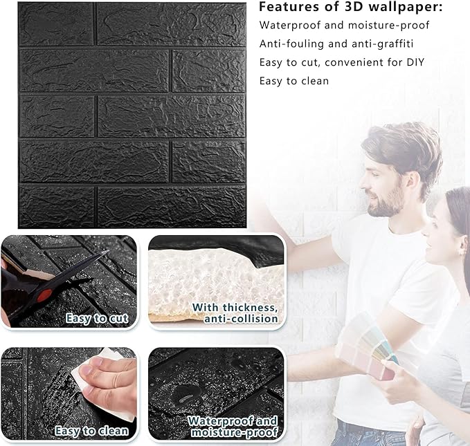 40 PCS Black 3D Wall Panels, 58 sq.feet Coverage Printable Wallpaper Sticker with Self-Adhesive Waterproof Brick PE Foam Wall Panels Peel and Stick for Interior Wall Decor, Home Decoration