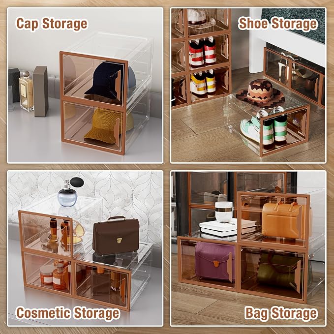 6 Pack Plastic Shoe Storage Box Organizer Magnetic Stackable | Upgraded Thicken Material, Stackable Space-saving, Fits Sneakers & Boots, Sturdy Shoe Box, Magnetic Door, Easy Assembly