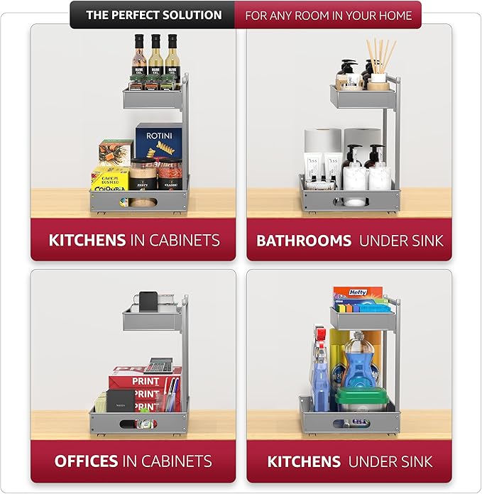 Sorbus Under Sink Organizer with Sliding Tracks – Pull Out Cabinet Organizer with Drawer & Installation Rails – Under Cabinet Bathroom Storage Organizer for Kitchen, Pantry, or Vanity –Silver 2 Pack
