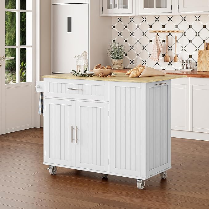 OtterOasis Kitchen Island with Storage, 43.3" Rolling Kitchen Island Cart on Wheels with Wide Drop Leaf Rubberwood Top, Large Mobile Island Table with Trash Can Storage and Towel Bar, White