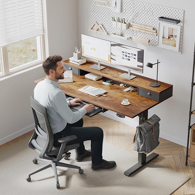 Klicelor 55 x 24 Inch Electric Standing Desk with Drawers and Keyboardtray, Adjustable Height Small Sit Stand Desk for Home Office, Compact Computer Workstation with Storage- Rustic Brown