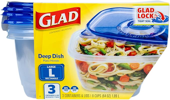 Glad GladWare Deep Dish Food Storage Containers with Lids, Large Rectangle BPA Free Plastic for Soups Salads and Meal Prep, Lock Tight Seal, Microwave Dishwasher Safe, 64 Oz, 3 Count - 6 Pack