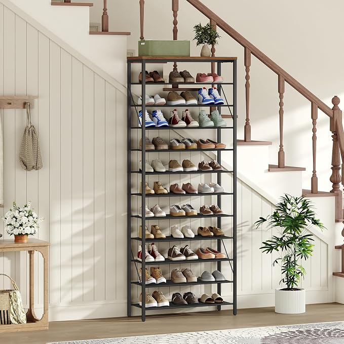 MAHANCRIS 12 Tier Shoe Rack, Shoe Storage Organizer, Holds 44-48 Pairs | Tall Metal Shoe Rack Space Saving, Sturdy and Stable, Vertical Shoe Rack for Entryway, Hallway, Dorm Room, Rustic Brown