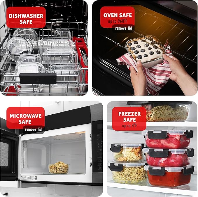 EATEX 32pc Glass Food Storage Containers with Lids, Airtight Glass Meal Prep, 16 Reusable Food Containers with 16 Leakproof Snap Lock Lids Oven Microwave Freezer Safe Lunch Containers